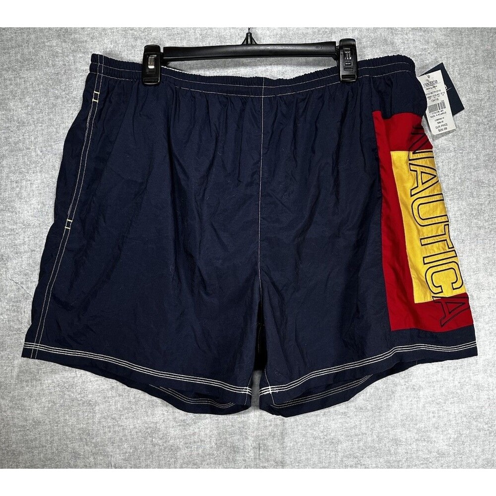 NWT Nautica Men swim trunks shorts red blue color block drawstring Size XXL
